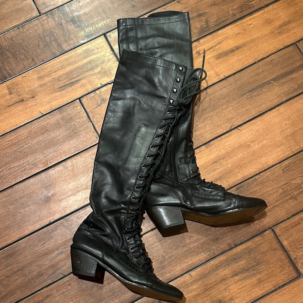 Jeffrey Campbell Black Over the Knee Lace-Up Boots